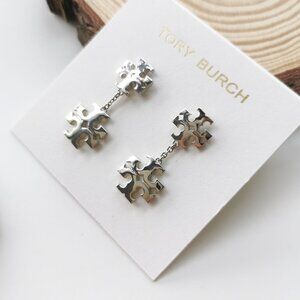 Tory Burch Kira Double Logo Linear Earrings Silver